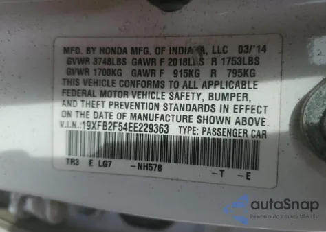 2014 Honda Civic Lx z USA, uszkodzony, nr VIN 19XFB2F54EE229363